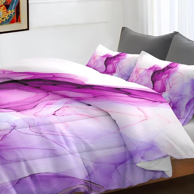 Comforter Set with Pillowcase Twin Size, Blue Purple Lavender Marble, Bed Decor Pink Watercolor Smoke Abstract Shapes for Kids and Adults, Soft Cozy Bedroom Bedding Set