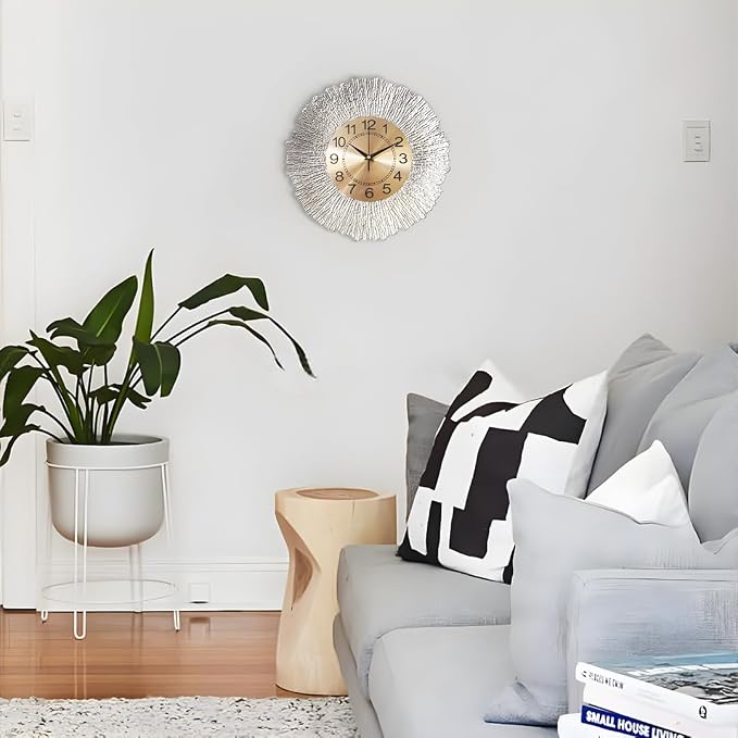 12 Inch Sliver Wall Clock for Living Room, Boho Decor Wall Clocks Sunburst Decor for Living Room, Kitchen, Farmhouse, Bedroom, Bathroom