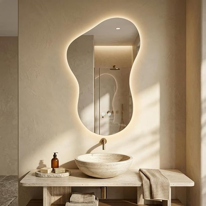 20×32 Irregular Backlit Mirror Asymmetrical Bathroom Mirror with Lights LED Dimmable Mirror for Bathroom Makeup Area