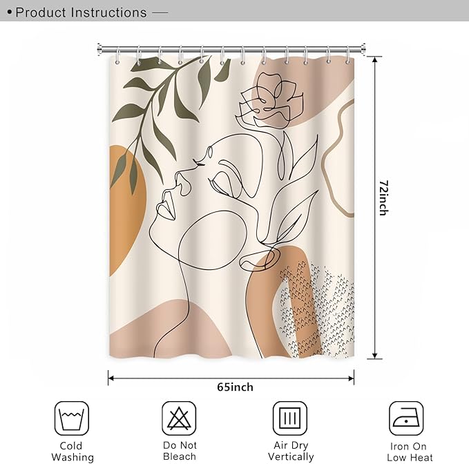 Abstract Woman Face Bathroom Shower Curtain - Mid Century Boho Modern Geometric Shower Curtain with Hooks - Polyester Waterproof Fabric - Minimalist Art Line Aesthetic - 65x72 Inch