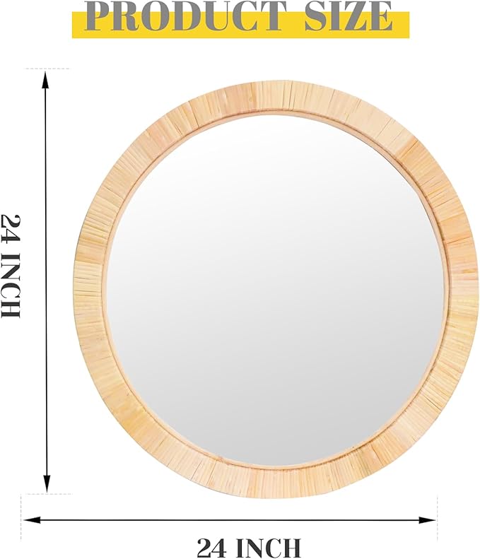 Rattan Mirror,Round Boho Bathroom Mirror for Wall,24" Circle Wicker Vanity Mirror for Nursery Décor,Coastal Farmhouse Wood Mirror for Bedroom Entryway Living Room