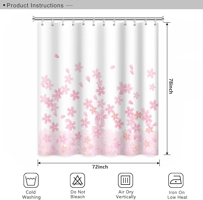 Pink Floral Bathroom Shower Curtain Cherry Blossom Dreamy Flowers Petal Shower with Hooks Polyester Waterproof Fabric Girly Home Decorative Bathtub, 72x78 Inch