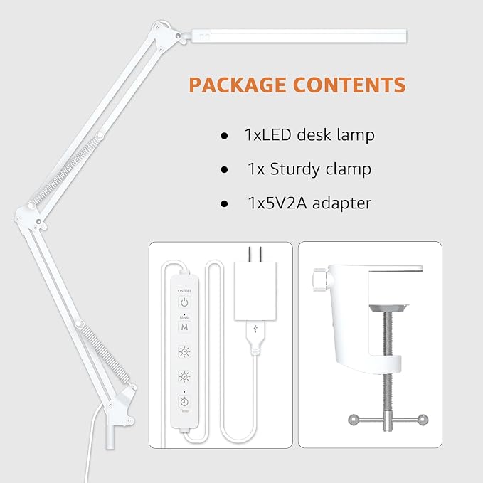 Upgrade Swing Arm LED Desk Lamp with Clamp, 80 LED Beads, 5 Color Modes & 11 Brightness Levels, 360° Adjustable Arm, Eye-Caring Light CRI95, Timer & Memory Function, for Office, Study, Crafting