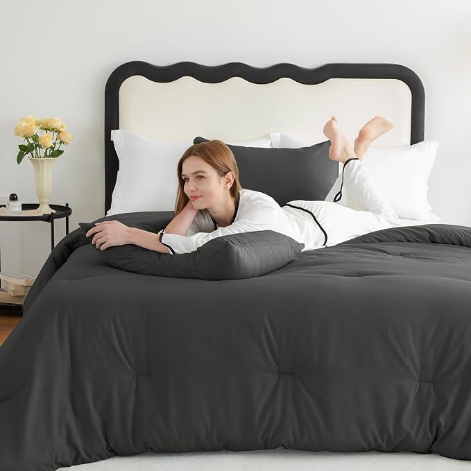 CozyLux California King Comforter Set Dark Grey, 3 Pieces Cal King Lightweight Down Alternative Quilted Bedding Sets, Dark Gray All Season Solid Comforter with 2 Pillowcases, Bed Set Gift for Home