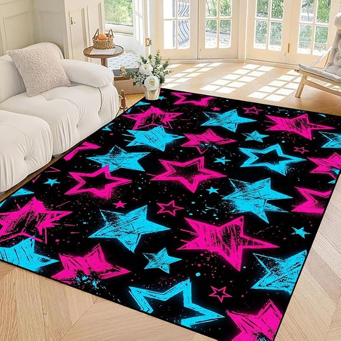2'x3' Neon Star Area Rug Black Pink and Blue Floor Mat Abstract Star Print Rugs Washable Non-Slip Carpet for Entryway Bedroom Living Room Nursery Kitchen Playroom Home Decor