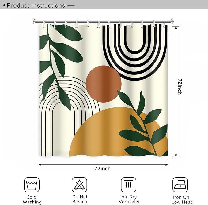 Abstract Mid Century Bohemian Bathroom Shower Curtain Orange Sun Green Eucalyptus Leaves Arch Shower Curtain with Hooks Waterproof Fabric Polyester Shower Curtain Home Decor, 72x72 Inch