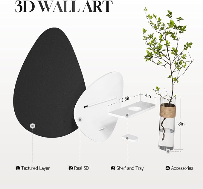 Cuspin 3D Textured Black and White Wall Art with Vase and Shelf, Minimalist Abstract Japandi Paintings Wall Decor, Modern Artwork for Living Room Dining Bedroom Hallway Office Bathroom Home Decor