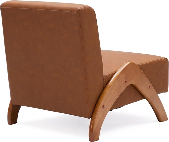 Oversized Accent Chair, upholstered armless mid Century Modern Living Room Chair with Wooden Legs for Bedroom/Office/Cafe, Faux Leather Cognac Brown