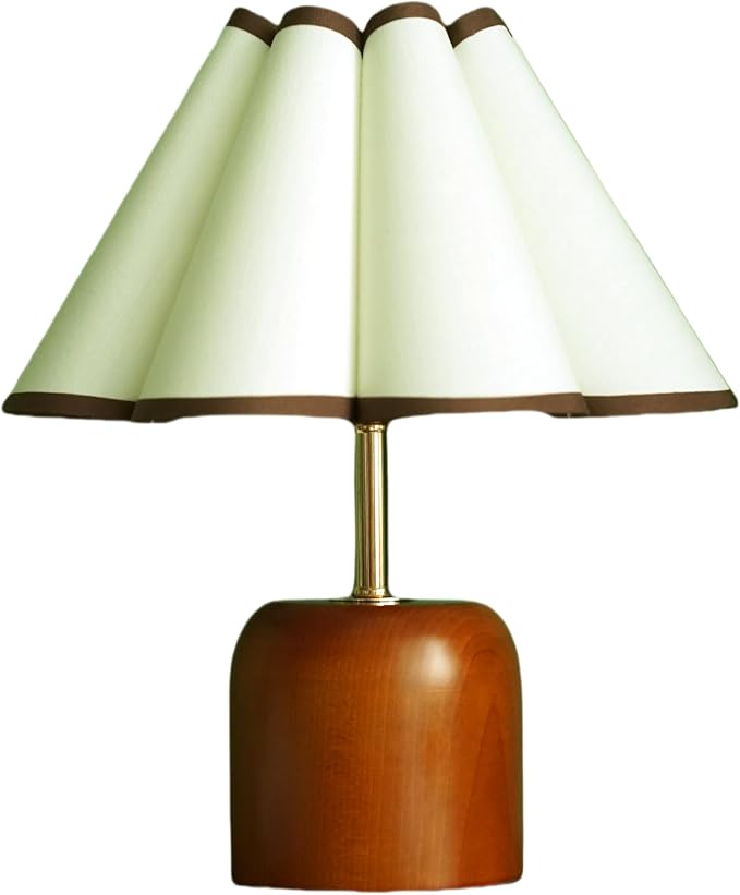 Cute Small Table Lamp, Vintage Mid Century Modern Bedside Nightstand Lamp with Coffee Fabric Lampshade,Solid Wood Base Brown for Bedroom Home Office Decor (Without Buld)