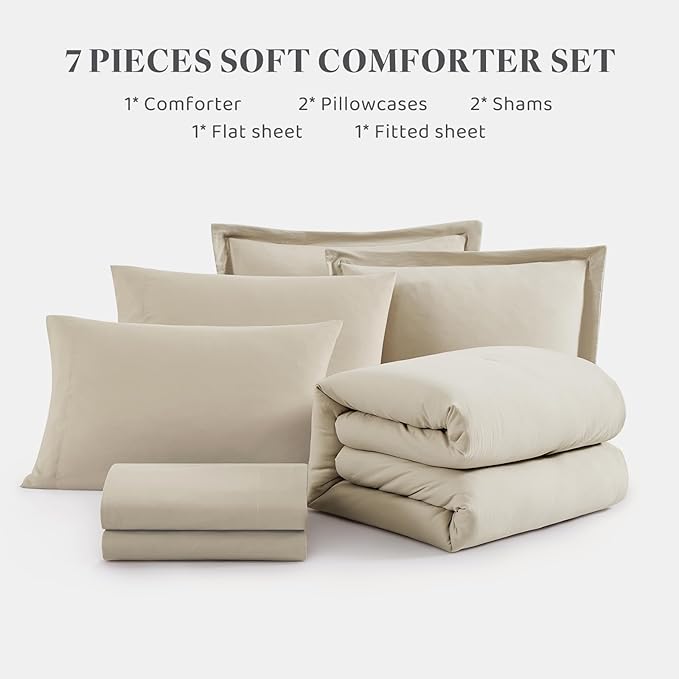 WRENSONGE Light Oatmeal Super King Plus Comforter Set, 7 Pieces Soft Microfiber Comforters with Fitted Sheet, Flat Sheet, 2 Pillow Shams, and 2 Pillowcases- Warm Bedding Sets for All Season