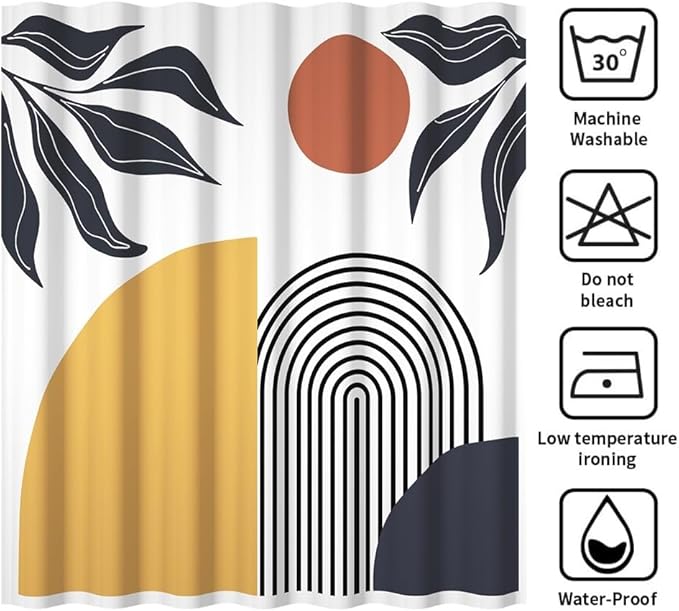 Bohemian Shower Curtain for Bathroom Modern Abstract Minimalist Bathroom Decor Mid Century Arch Sun Leaf Aesthetic Bathtub Curtains Machine Washable Waterproof Polyester Fabric with Hooks 72x84 Inch
