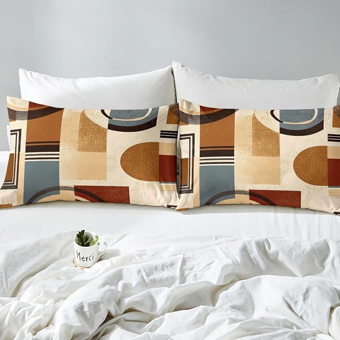Modern Geometric Duvet Cover Set King Size,Abstract Retro Striped Circle Bedding Set,Boys Girls Room Decor,Minimalist Aesthetic Squares Comforter Cover,Brown Quilt Cover,2 Pillowcases(No Filler)