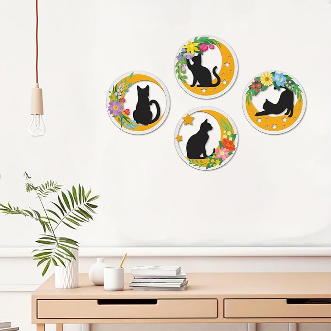 TOARTi 4PCS Boho Cat Moon Wall Decor,Colorful Floral Cats Wooden Wall Art,Black Cats Flower Hanging Sign,Farmhouse Minimalist Geometric Botanical Kitten Artwork for Bedroom Home,Cat Lovers Gifts