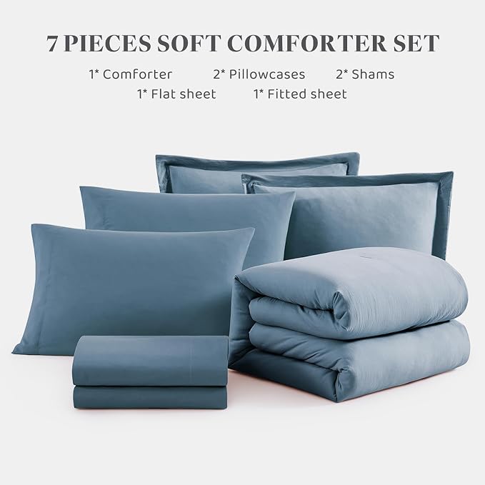 WRENSONGE Full Size Comforter Sets, 7 Pieces Oxford Blue Bed in a Bag with Fitted Sheet, Flat Sheet, 2 Pillow Shams, 2 Pillowcases, Warm Bedding Sets for All Season