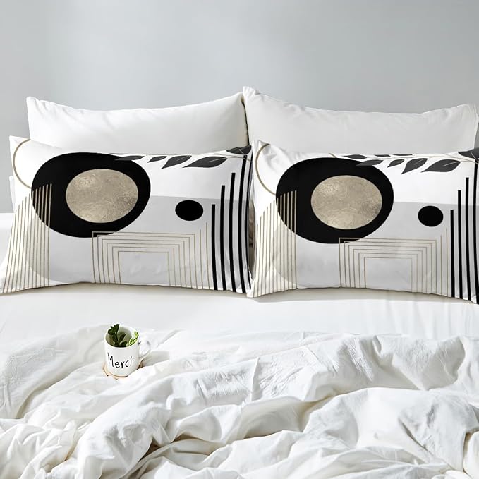 Erosebridal Black and White Abstract Boho Duvet Cover Toddler Size Minimalist Aesthetic Neutral Comforter Cover Mid Century Modern Bedding Set Botanical Leaves Geometric Bed Set