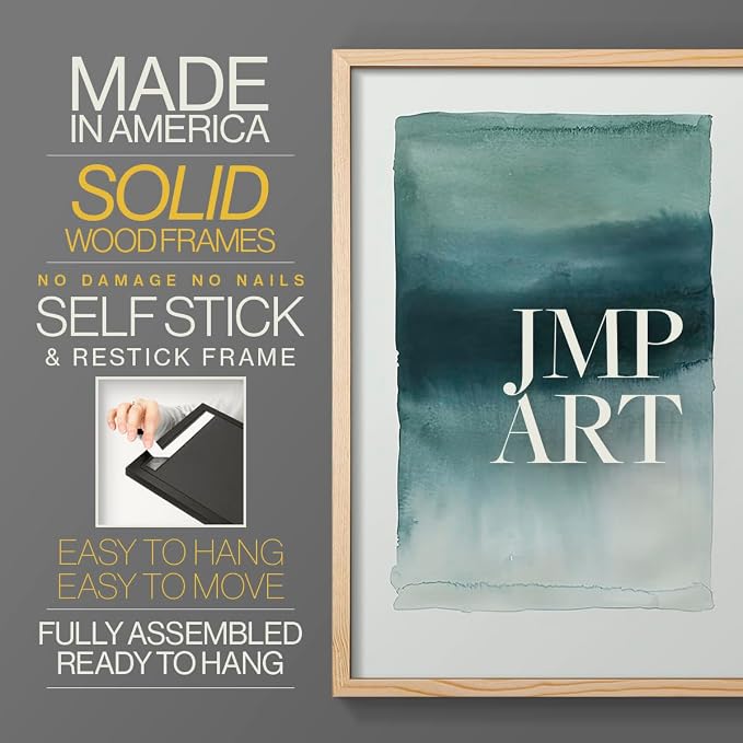 Renditions Gallery Set of 2 Peel & Stick Framed Prints, Tie Dye Abstract Wall Art, Sage Green Watercolor Horizon Wall Decor, Re-Stickable - Ready to Hang - 16"x20" - NATURAL WOOD Frame LT588