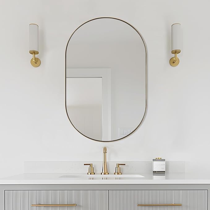 ANDY STAR 26x38 Inch Gold Oval Mirror, Oval Brass Mirror Pill Shaped Stainless Steel 1’’ Deep Metal Frame Wall Mounted Vertically & Horizontally Ideal for Limited Space