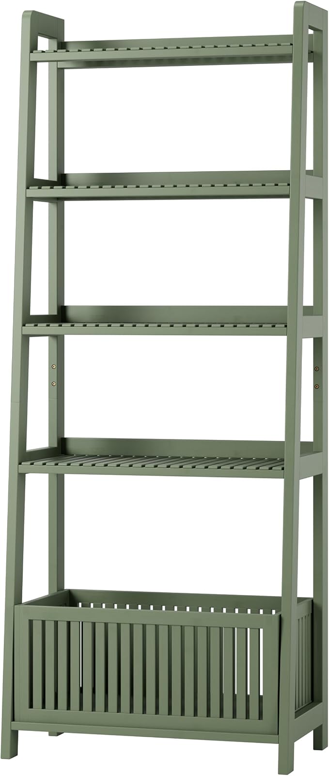 Bamjoy Bamboo Ladder Bookcase, Bookshelf with 4 Display Shelves and 1 Open Storage Basket, Storage Rack Organizer for Home Office, 66” H Forest Green