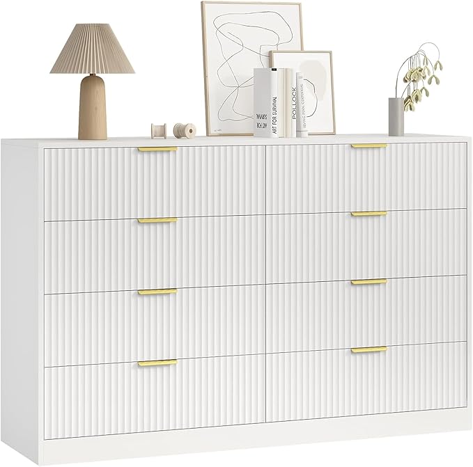 8 Drawer Dresser for Bedroom, Modern Fluted Double Dresser, 55" Wide Chest of Dressers, Wooden Beside Table for Closet, Living Room and Entryway, White
