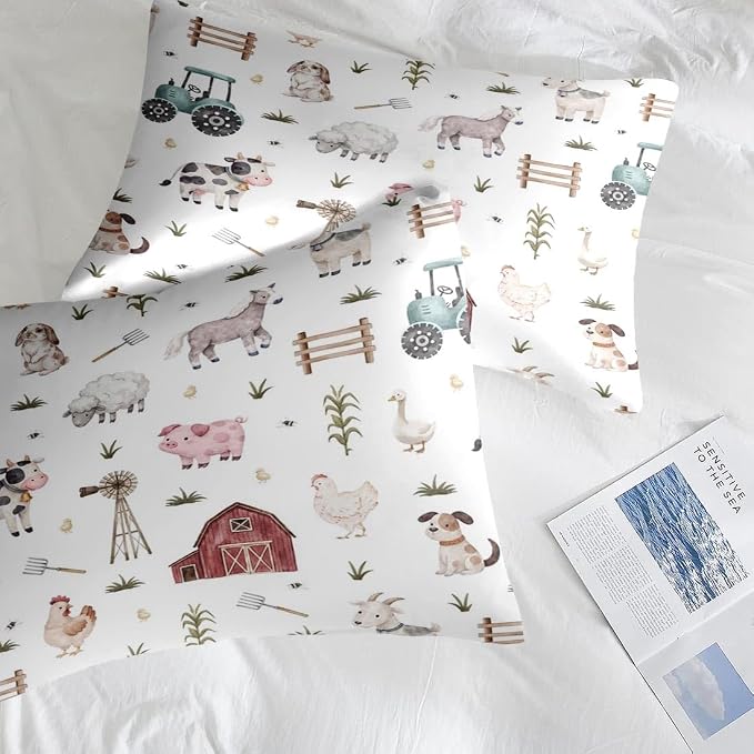 Pamnest Comforter Set Full Size, Farm Animal 7 Pcs Bedding for Kids and Adults, Cute Tractor Bed Sheet Sets with Fitted Sheet 2 Pillowcases & 2 Shams for Bedroom Bed Decor