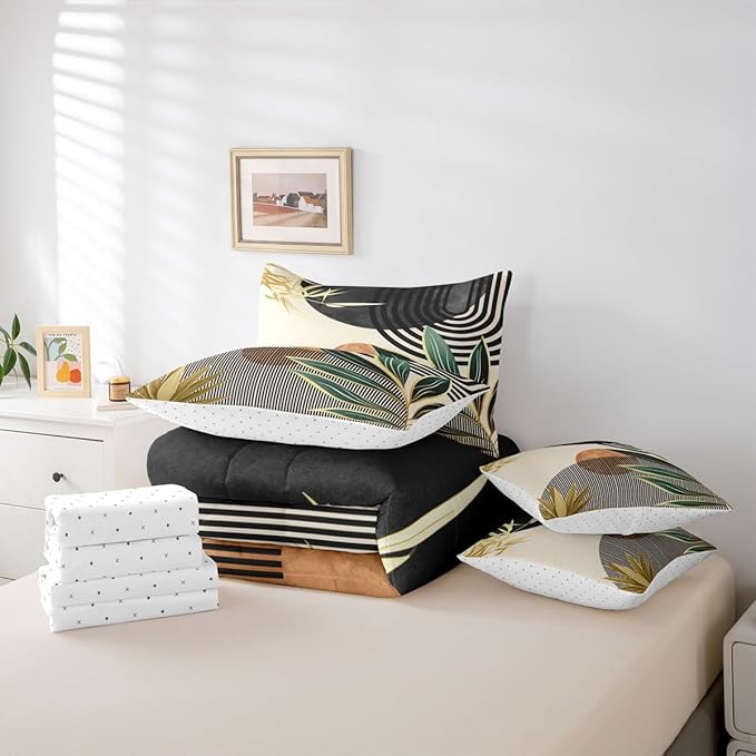 Erosebridal Mid Century Modern Bedding Sets Queen Boho Botanical Minimalist 7 Piece Comforter Set,Vintage Line Art Bed in a Bag Modern Simple Aesthetic Sheet Set with Comforter,Black Beige