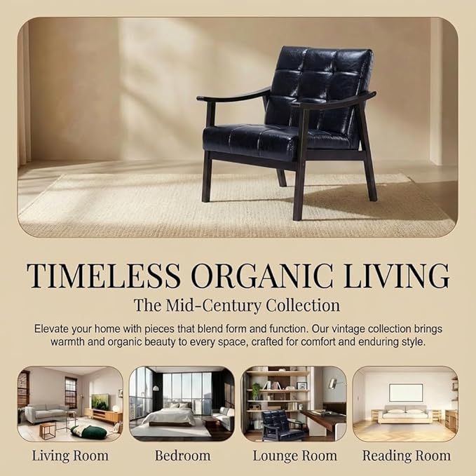 Mid-Century Modern Accent Chair, Upholstered Arm Chair Solid Wood Frame for Lounge, Living Room, Reading Room, Bedroom (Antique Black + PU Leather)