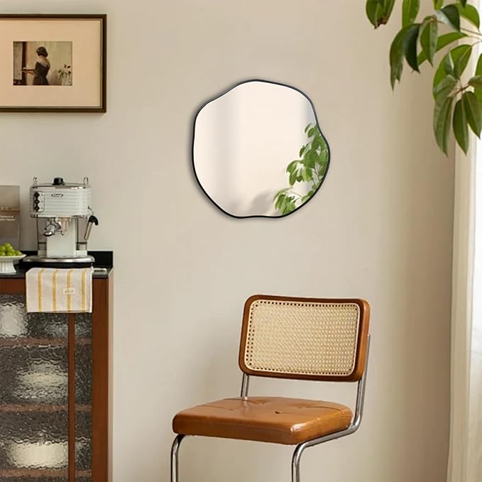 POZINO Irregular Shaped Mirror, 16" Small Asymmetrical Mirrors, Black Scalloped Rounded Mirror, Modern Frameless Abstract Mirrors for Bathroom Living Room Bedroom Entryway Fireplace