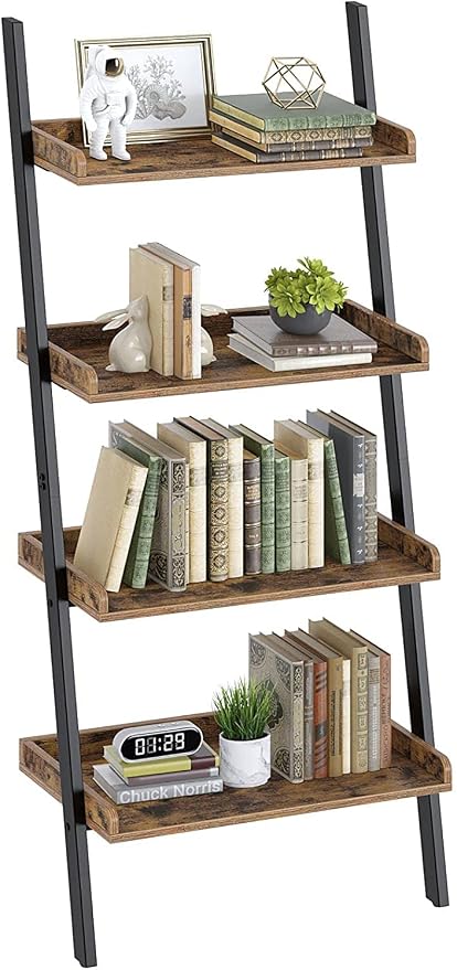 Rolanstar Bookshelf 4-Tier, Open Wall Mount Ladder Bookshelf, 71.8’’H Industrial Etagere Bookcase, Freestanding Bathroom Storage Rack Plant Stand for Living Room, Bedroom, Office, Rustic Brown