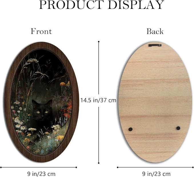 UYIKG Vintage Black Cat Floral Oval Wall Art,Rustic Farmhouse Cottagecore Oval Wall Decor,Farmhouse Country Wooden Framed Decor for Home Bedroom Living Room Reading Room 9x14.6 in