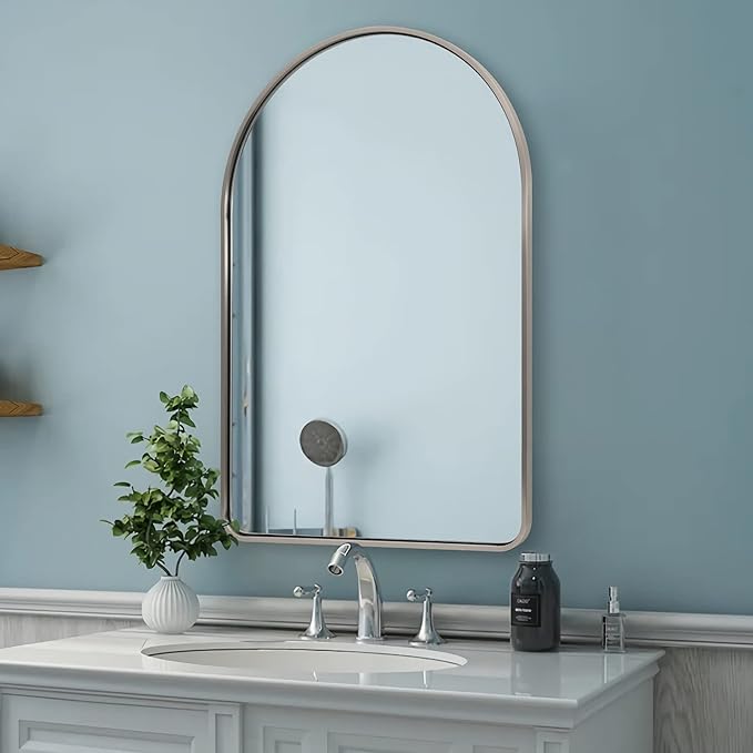 Andy Star Brushed Nickel Arched Mirror, 24x36’’ Arched Bathroom Mirror, Arch Wall Mirror, Bathroom Vanity Mirrors Metal Framed, SUS304-Anti-Rust, Tube Frame, 1’’ Deep Set Wall Mounted Vertical