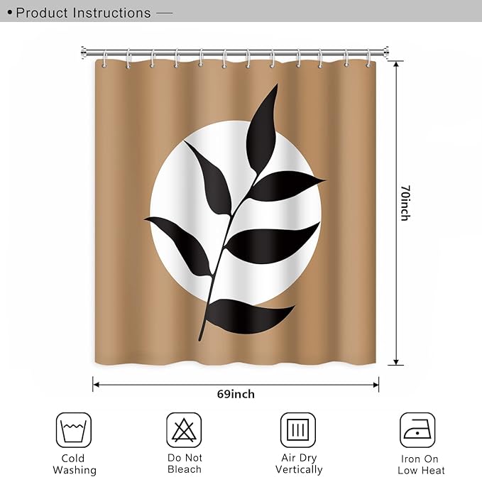 Abstract Bohemian Bathroom Shower Curtain - White Circle Eucalyptus Leaves Boho Tan With Hooks, Waterproof Polyester for Modern Aesthetics Home Decor, 69x70 Inch