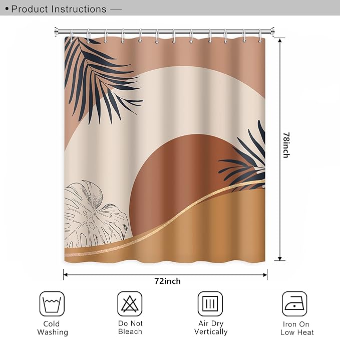 Abstract Mid Century Boho Bathroom Shower Curtain - Orange Sun Eucalyptus Leaves With Hooks, Waterproof Fabric Polyester for Aesthetics Home Decor, 72x78 Inch