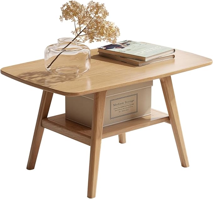 100% Solid Oak Wood Coffee Table for Living Room, Small Table with Shelf Storage, Mid Century Modern Coffee Tables with Rounded Corners for Home (Natural, 31.49" x 19.68" x 17.32")