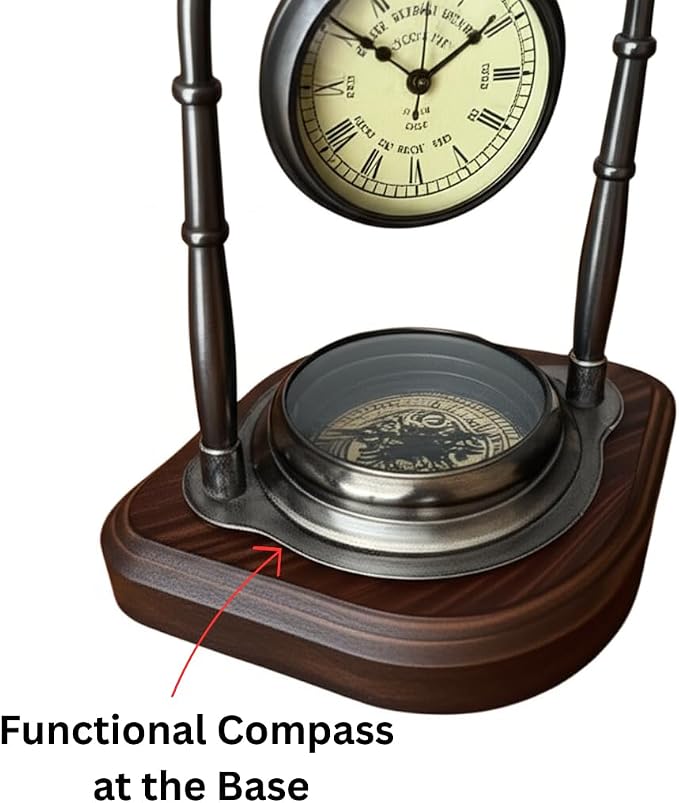 Personalized Victorian Brass Desk Clock with Integrated Working Compass - Vintage Tabletop Nautical Timepiece for Home/Office Decor, Engraved Bronze Luxury Office Decor