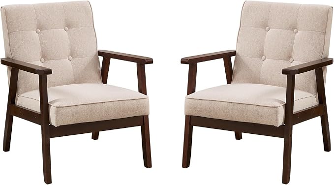 Bonzy Home Fabric Mid-Century Modern Accent Chair Set of 2, Upholstered Armchair with Solid Wood Frame, Reading Chair for Living Room, Bedroom