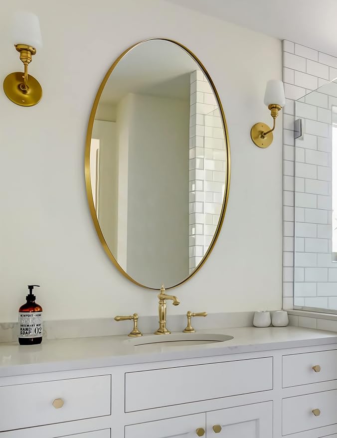 ANDY STAR Gold Oval Mirrors for Bathroom, 24x36 Inch Brushed Gold Stainless Steel Metal Framed Oval Wall Mirror, Modern Vanity Mirror Wall Mount Horizontal or Vertical