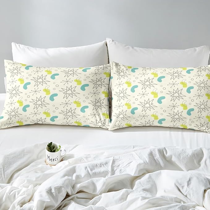 Hippie Minimalism Comforter Cover Fifties Old Fashion Bed Set, Abstract Atomic Art Duvet Cover Queen Size Beige Teal Aesthetic Bedding Sets, Modern Mid Century Bedspread Cover with 2 Pillowcase