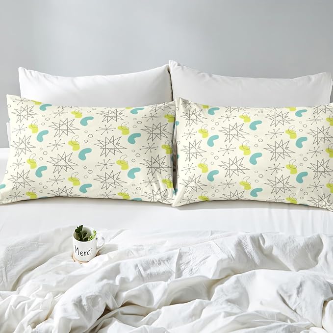 Erosebridal Hippie Minimalism Bed Set Fifties Old Fashion Duvet Cover, Abstract Atomic Art Bedding Set Twin Beige Teal Aesthetic Comforter Cover, Modern Mid Century Bed Cover with 1 Pillowcase
