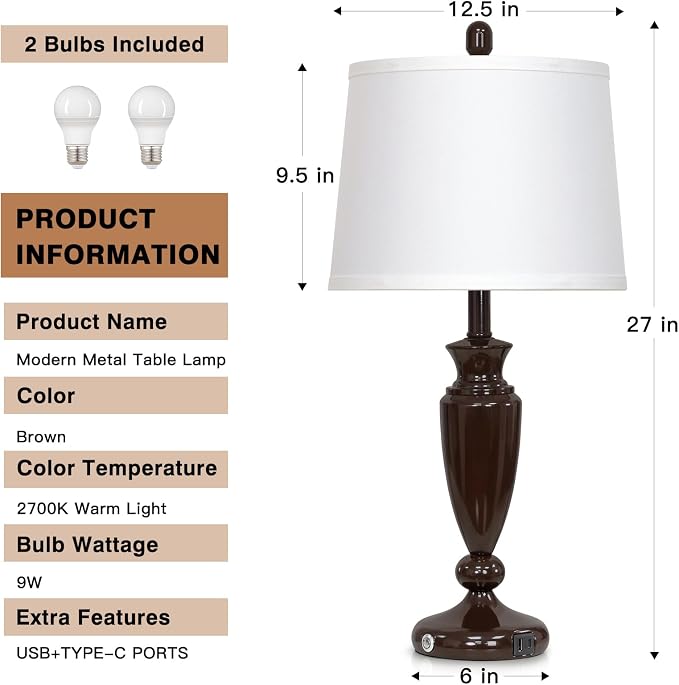 Rinweey 27'' Brown Living Room Lamps Set of 2, 3 Way Touch Control Table Lamps with USB A+C Ports, Modern Bedside Lamps, Elegant Metal Nightstand Lamps for Bedroom Office End Table Decoration