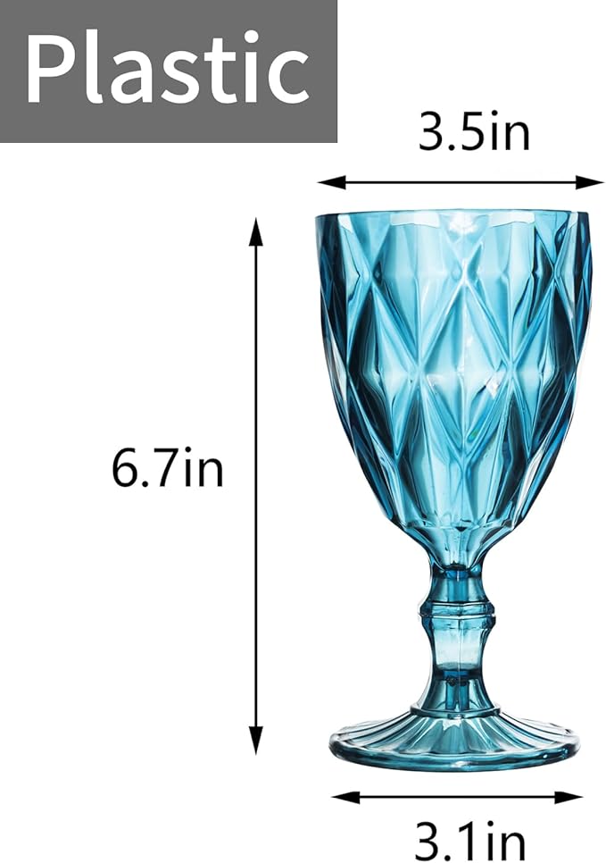 12 Pack Vintage Wine Glasses, Plastic Reusable 12 Ounce Colored Water Goblets, Unique Embossed Pattern Unbreakable Stemmed Wine Glasses High Clear Wedding Party Bar Drinking Cups Blue