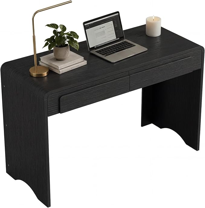 Bestier Computer Desk with 2 Drawers, 47 Inch Wood Home Office Desk, Small Writing Table with Curved Handles & Waterfall Rounded Edges, Cute Modern Desks for Bedroom Study Living Room, Black