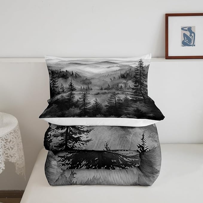Erosebridal Black White Misty Forest Toddler Bedding Set Jungle Smoky Mountain Comforter Set Nature Foggy Pine Tree Down Comforter for Kids Teens Rustic Nature Woodland Bed Set Bedroom Decor