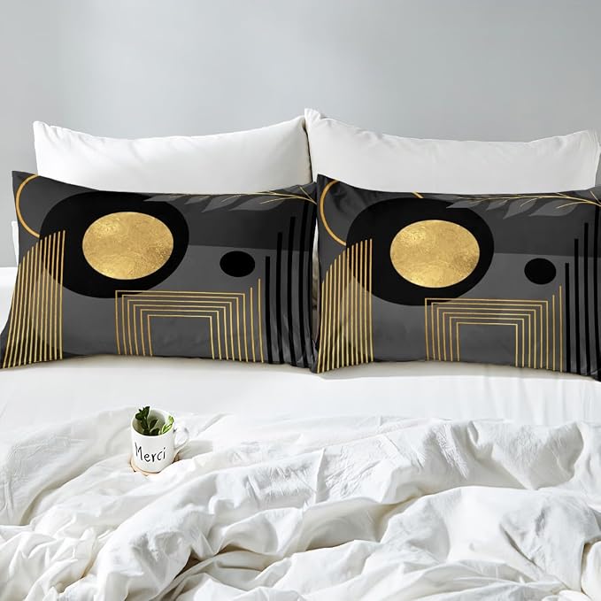 Erosebridal Gray Black Abstract Boho Duvet Cover King Size Mid Century Modern Comforter Cover Minimalist Aesthetic Neutral Bedding Set Botanical Leaves Simple Bed Set