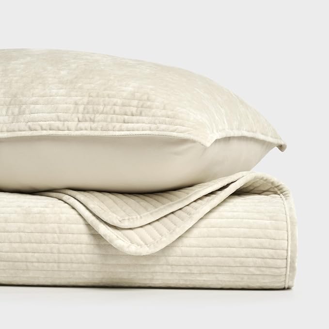 EverGrace Velvet Quilt Set California King 118'' x 106'', Luxurious Soft Bedding Sets, Lightweight Velvet Comforter for All Season, Striped Channel Oversized Bedspread Coverlet w/ 2 Shams, Light Sand