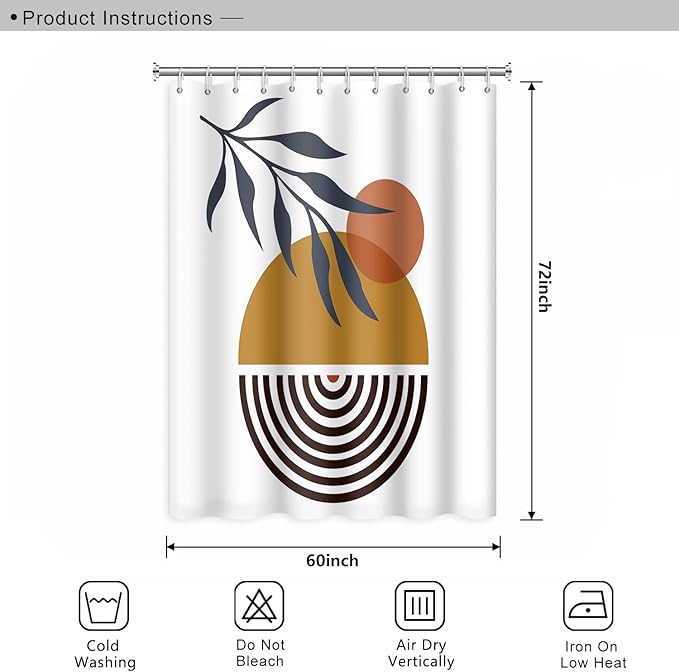 Mid Century Bohemian Bathroom Shower Curtain Abstract Circle Eucalyptus Leaves Sun Boho Shower Curtain with Hooks Waterproof Fabric Polyester Shower Curtain Aesthetics Home Decor, 60x72 Inch