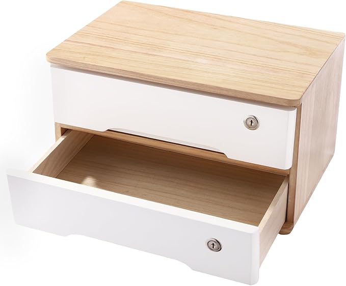 Desktop File Organizer with Lock, 2/3/4 Tier Multi-Drawer Wooden Storage Cabinet, Office Supply Organizer for Home Desk, Study & Workplace (Natural + White, 2 Layers)