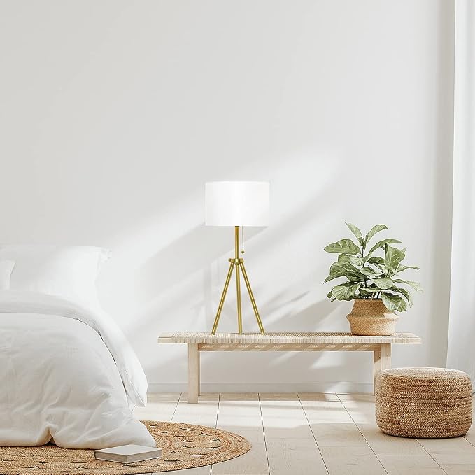 O’Bright Tripod Table Lamp, Adjustable in Height, 100% Metal Body with Linen Drum Shade, Bedside Lamp, Nightstand Lamp, Side Table Lamp for Living Room, Bedroom, Office, Antique Brass