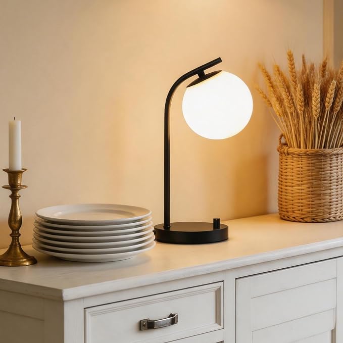 Black Globe Dimmable Table Lamp Minimalist Nightstand Lamps Mid Century Modern Desk Lamp with Milk White Glass Shade Metal Base for Dorm, Living Room Bedroom, Office,Kids Room (Tall-Black)