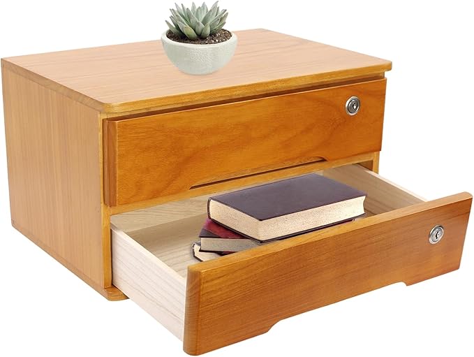 Desktop File Organizer with Lock, 2/3/4 Tier Multi-Drawer Wooden Storage Cabinet, Office Supply Organizer for Home Desk, Study & Workplace (Brown, 2 Layers)