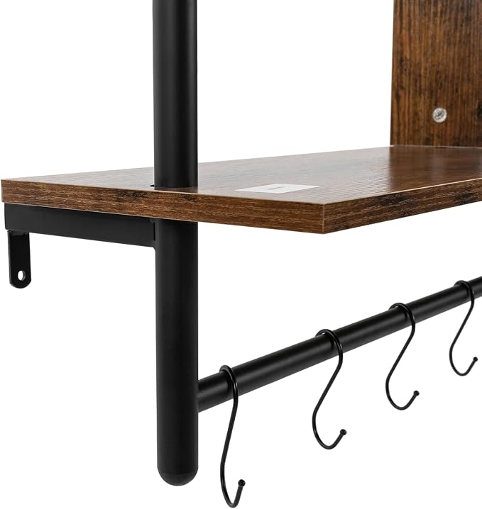 3 Tiers Wood Floating Shelving with Hooks, Industrial Wall Mounted Shelf Modern Wall Shelves Hanging Vintage Display Storage Shelf for Living Room Bathroom Bedroom Kitchen Coffee Bar